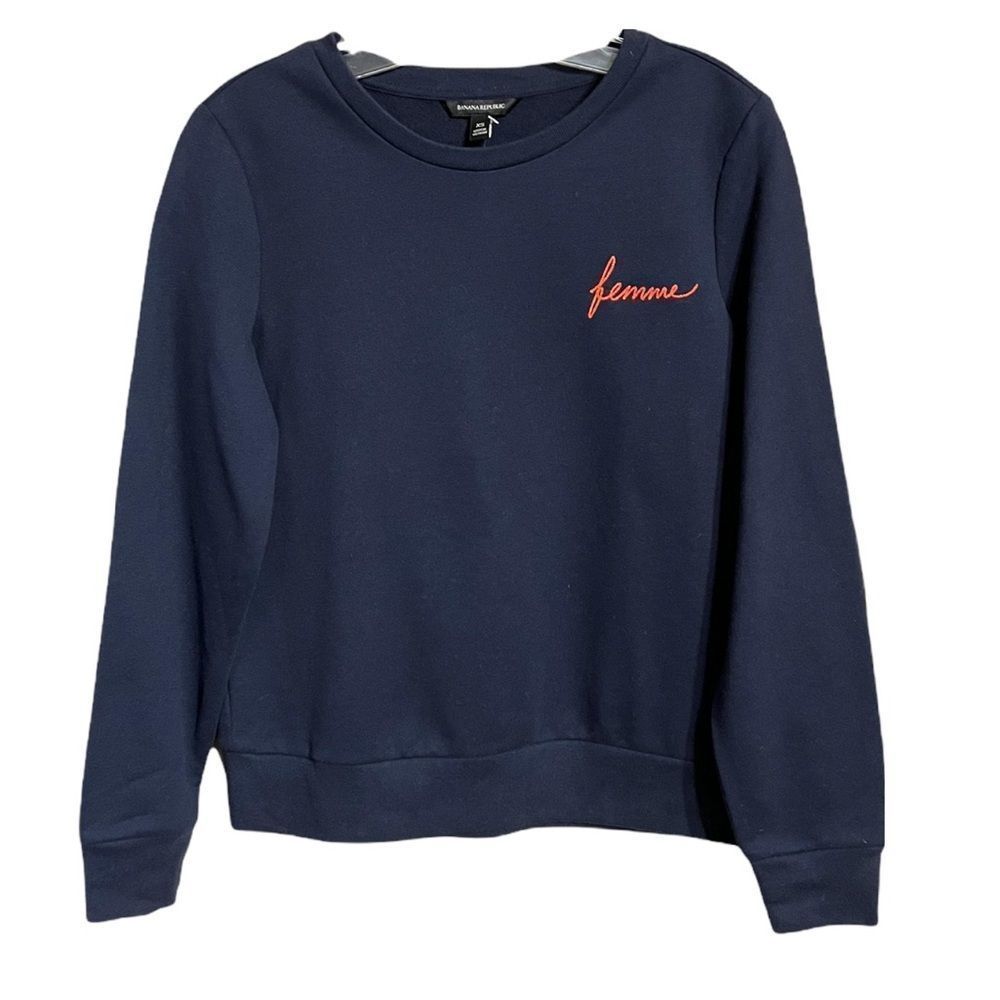 Banana Republic Navy Blue Red Cursive Femme Long Sleeve Sweatshirt Sz XS NWOT